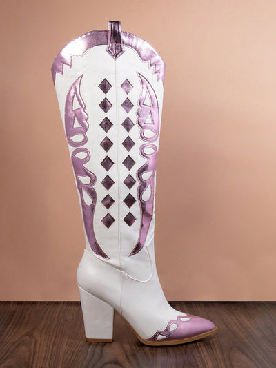 Chic Geometric-Patterned High-Top White Pointed Toe Boots for Trendy Women