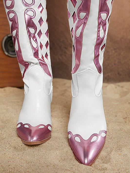 Chic Geometric-Patterned High-Top White Pointed Toe Boots for Trendy Women