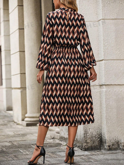 Geometric Grace: Women's Stand Collar Lantern Sleeve Dress