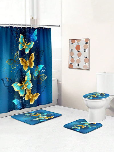 Bohemian Butterfly Shower Curtain & Anti-Slip Bath Mat Set - Waterproof & Insulated Home Decor