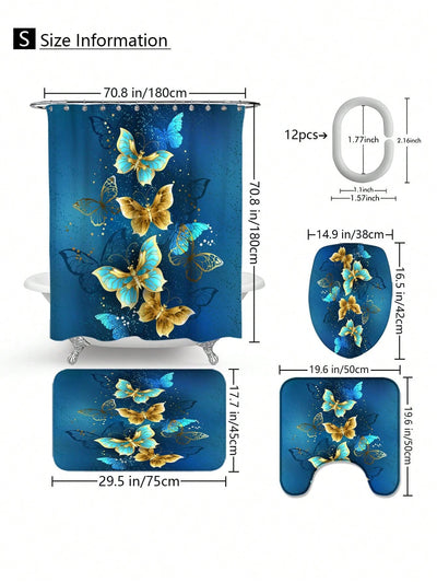 Bohemian Butterfly Shower Curtain & Anti-Slip Bath Mat Set - Waterproof & Insulated Home Decor