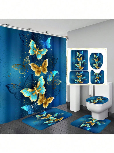 Bohemian Butterfly Shower Curtain & Anti-Slip Bath Mat Set - Waterproof & Insulated Home Decor