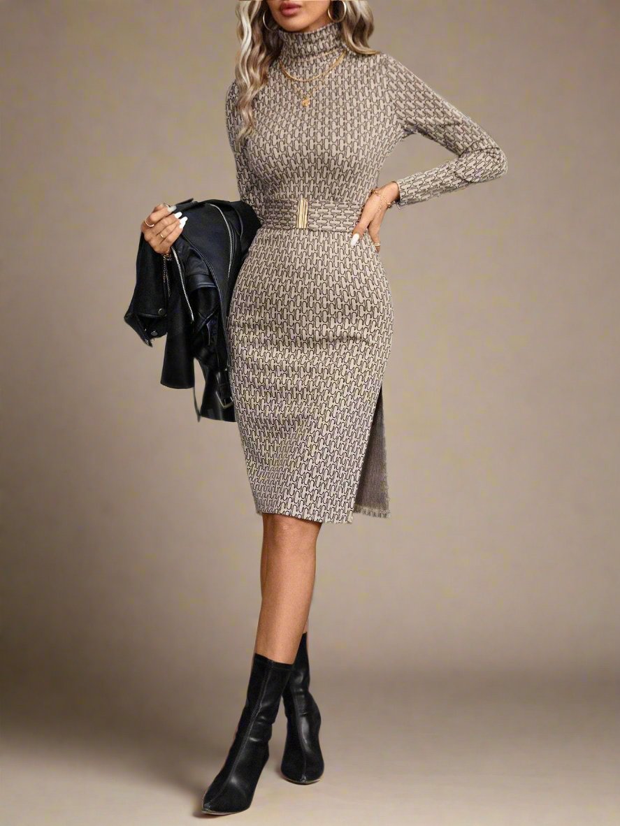 Elevate your style with our Chic and Classy high-low hem bodycon dress. Its classic printed turtle neck adds a touch of sophistication, while its bodycon fit accentuates your curves. Perfect for any occasion, this dress is a must-have for a stylish and elegant look.