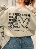 Detail view of Plus Size Womens Heart Pattern Sweatshirt - Inspirational Message Pullover for Fall and Winter for everyday styling