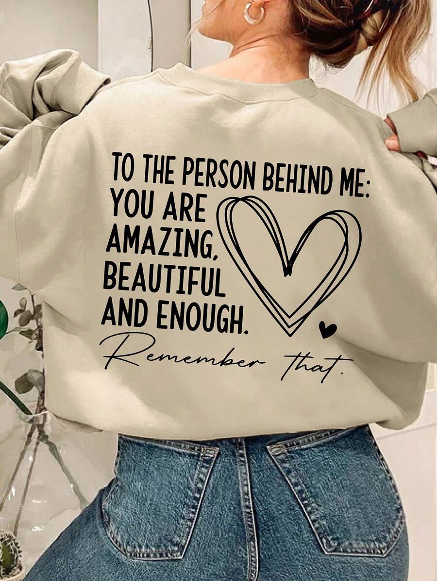 Detail view of Plus Size Womens Heart Pattern Sweatshirt - Inspirational Message Pullover for Fall and Winter for everyday styling