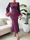 Elegance Personified: Purple Ruffle Trim Trumpet Sleeve Mermaid Hem Dress