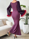 Elegance Personified: Purple Ruffle Trim Trumpet Sleeve Mermaid Hem Dress