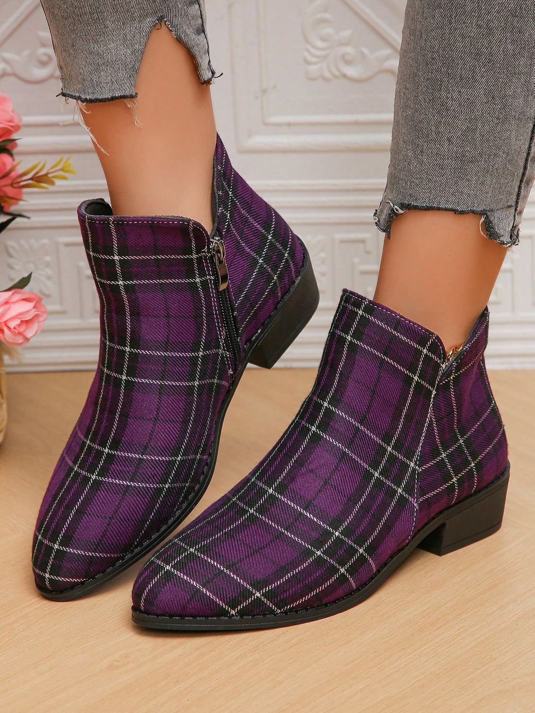 Experience the ultimate blend of style and comfort with Plaid Perfection: Women's Low Heel Pointed Toe Boots. Each pair features a unique random pattern, making every shoe truly one-of-a-kind. The low heel and pointed toe design provide a fashionable look while also ensuring all-day wearability.