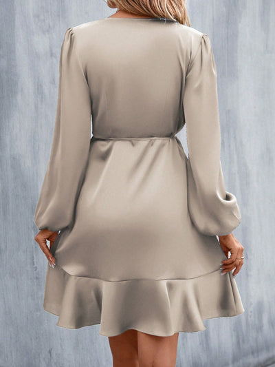 Elegant Ruffle Trim Satin Dress with Lantern Sleeves