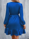 Elegant Ruffle Trim Satin Dress with Lantern Sleeves