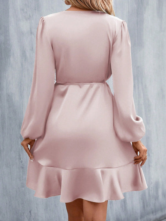 Elegant Ruffle Trim Satin Dress with Lantern Sleeves