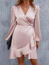 Elegant Ruffle Trim Satin Dress with Lantern Sleeves