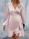 Elegant Ruffle Trim Satin Dress with Lantern Sleeves