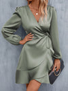 Women's Classic Lantern Sleeve Satin Dress with Ruffle Trim and Knot Side Detail