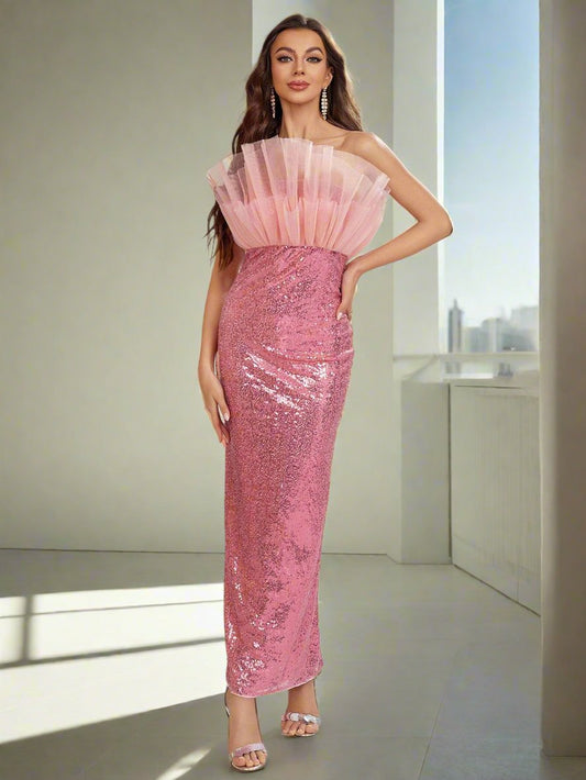 Shimmering Belle: Sequin Patchwork Pleated Evening Dress