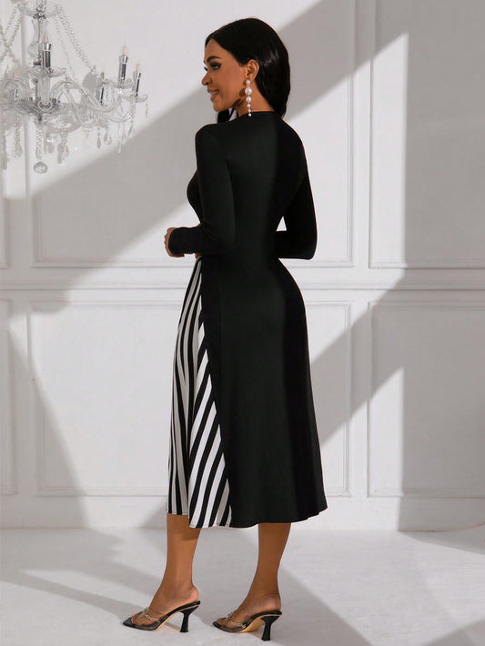 Chic Color Block Striped Long Sleeve Dress for Fashionable Ladies