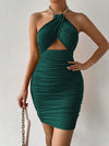 Chic Cut-Out Backless Halter Neck Bodycon Dress with Raffin Chain Strap