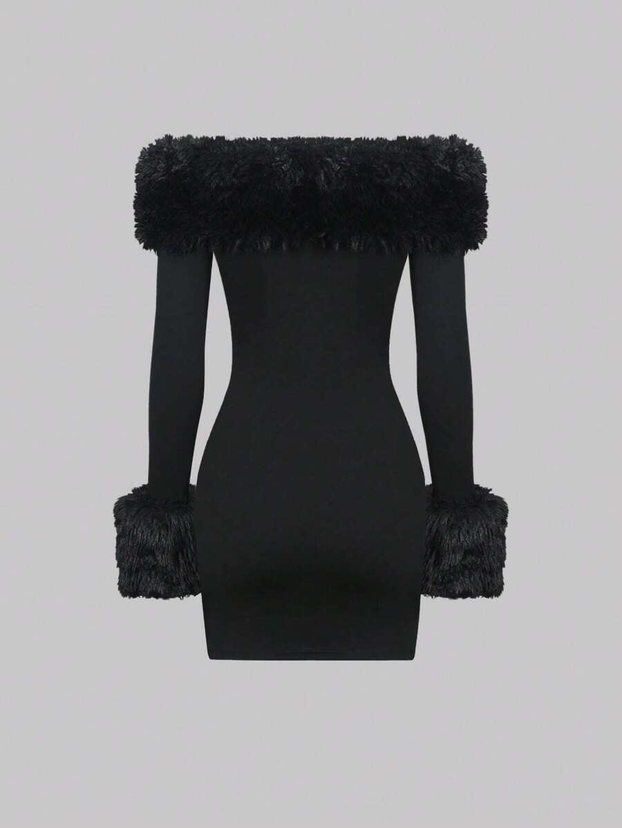 Front view black off shoulder bodycon mini dress with shaggy faux fur neckline and cuff trim