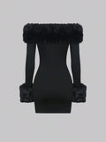 Back view black off shoulder bodycon mini dress with faux fur shoulder band and cuffs
