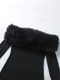 Close-up black faux fur off shoulder neckline on smooth fitted dress