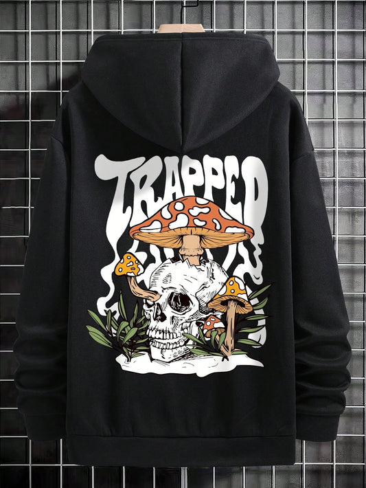 Mystical Skull and Mushroom Print Hoodie for Men