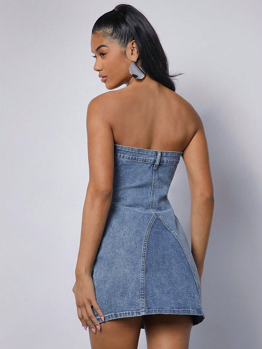 Chic Washed Denim Strapless Dress - Effortless Style for Any Occasion