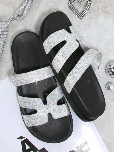 Sparkling Steps: Rhinestone Decorated Flat Sandals for Women