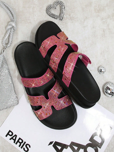 Sparkling Steps: Rhinestone Decorated Flat Sandals for Women