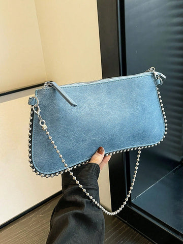 Vintage Denim Blue Asymmetric Beaded Chain Shoulder Bag: Add Personality to Your Look!