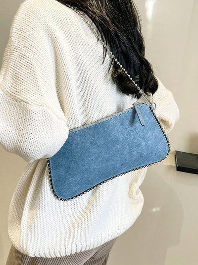 Vintage Denim Blue Asymmetric Beaded Chain Shoulder Bag: Add Personality to Your Look!