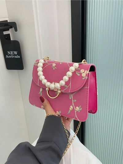 Chic Mini Square Bag with Flower Embroidery & Faux Pearl Accents