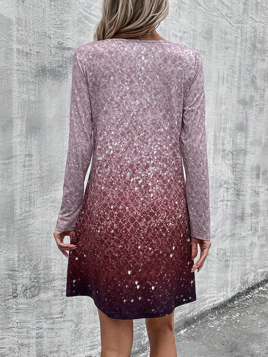 Enchanting Ombre: Round Neck Long Sleeve Dress