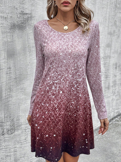 Enchanting Ombre: Round Neck Long Sleeve Dress