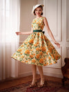 Vintage Rose Dream: Elegant Printed Dress with Bow Belt and Umbrella Skirt