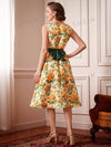 Vintage Rose Dream: Elegant Printed Dress with Bow Belt and Umbrella Skirt