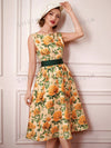 Vintage Rose Dream: Elegant Printed Dress with Bow Belt and Umbrella Skirt