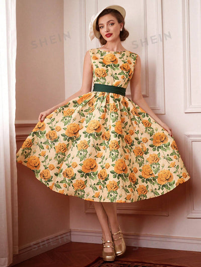 Vintage Rose Dream: Elegant Printed Dress with Bow Belt and Umbrella Skirt