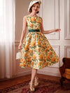 Vintage Rose Dream: Elegant Printed Dress with Bow Belt and Umbrella Skirt