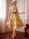 Vintage Rose Dream: Elegant Printed Dress with Bow Belt and Umbrella Skirt