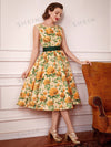 Vintage Rose Dream: Elegant Printed Dress with Bow Belt and Umbrella Skirt