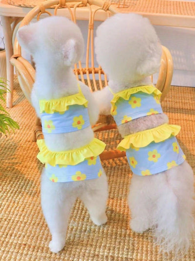 Floral Furry Fashion: Pet Bikini Swimsuit Set with Sunflower and Small Flower Print