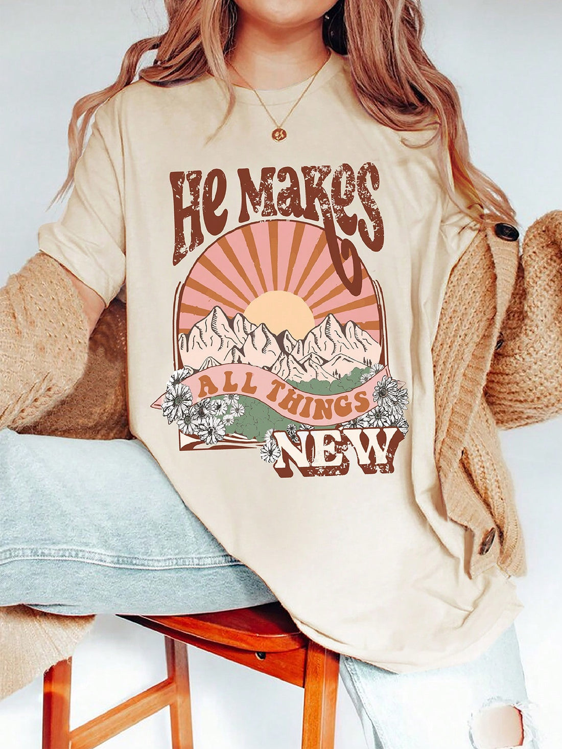 Express your faith with style in this playful Plus Size Women's Graphic Tee. The uplifting "He Makes All Things NEW" slogan adds a pop of inspiration to your casual wardrobe. Comfortable short sleeves and a relaxed fit make this T-shirt perfect for everyday wear, whether you're running errands or meeting friends for coffee. Pair with your favorite jeans for an effortlessly cute look that speaks volumes about what matters to you!