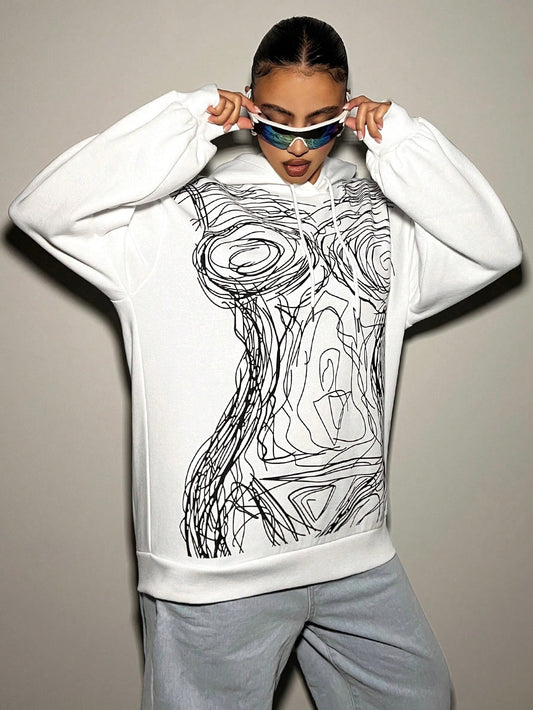 Super Loose Body Contouring Printed Hoodie - Women's Must-Have