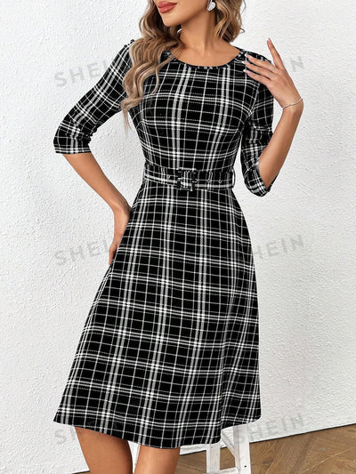 Chic and Classic: Women's Plaid Belted Dress