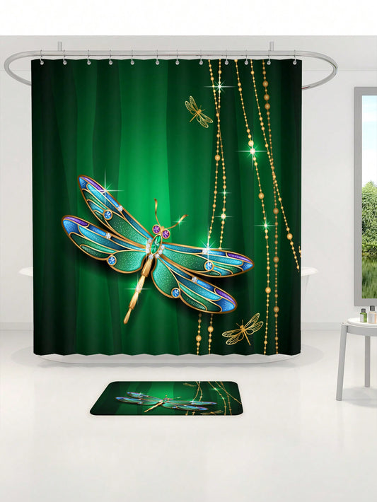 Modern Luxurious Diamond Dragonfly Shower Curtain Set with Anti-Slip Mat - Bathroom Suite