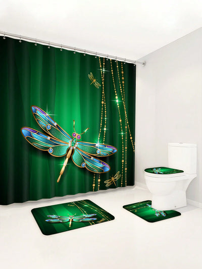 Modern Luxurious Diamond Dragonfly Shower Curtain Set with Anti-Slip Mat - Bathroom Suite