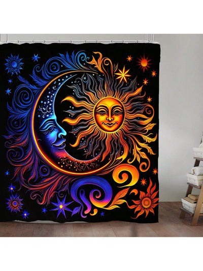 Bohemian Oasis 4-Piece Shower Curtain Set: Black Background with Moon and Sun Pattern