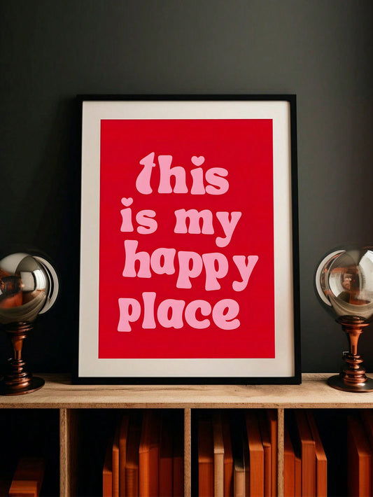 Experience pure joy with our "This Is My Happy Place" Room Decor Wall Art. Featuring 70s typography and a vibrant aesthetic in pink and red, this piece will bring positivity and personality to any room. Surround yourself with uplifting quotes and create your own little happy place.