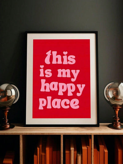 "This Is My Happy Place" Room Decor Wall Art - 70s Typography Aesthetic Positive Quotes in Pink and Red