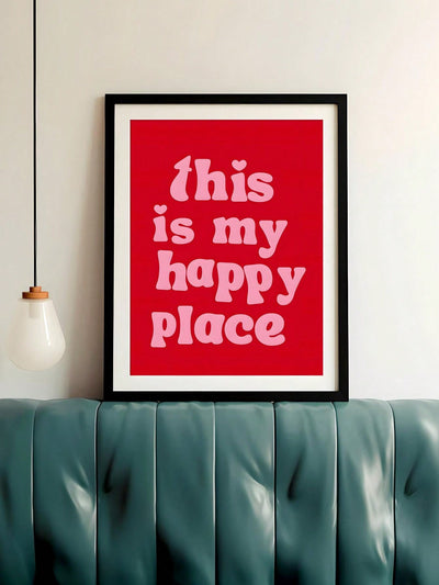 "This Is My Happy Place" Room Decor Wall Art - 70s Typography Aesthetic Positive Quotes in Pink and Red